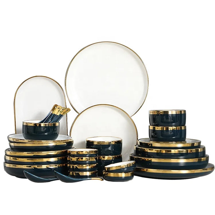 Light Luxury Navy Blue Everyday Ceramic Plates Bowls Dishes Set French Best 6pcs Porcelain Dinnerware Sets