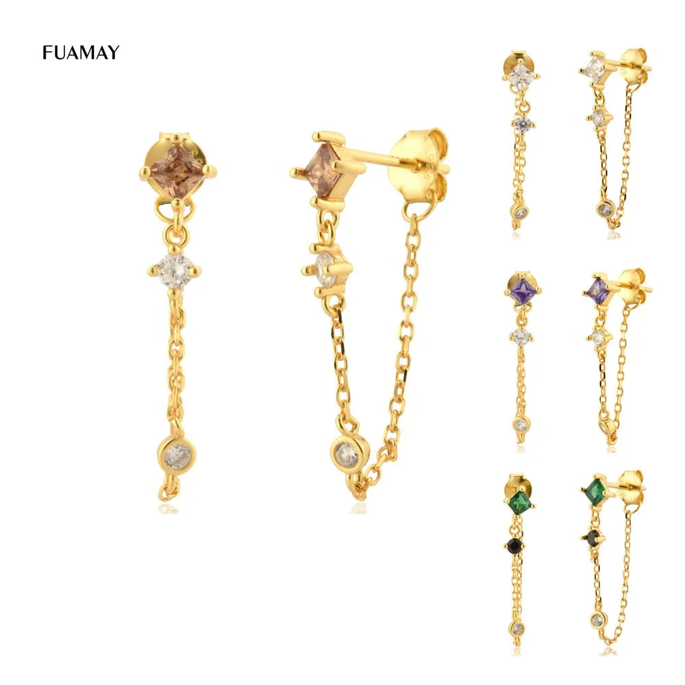 FUAMAY Rainbow Mix Stone 25MM Chain Studs Earrings Emerald Diamond Square Studs Earrings