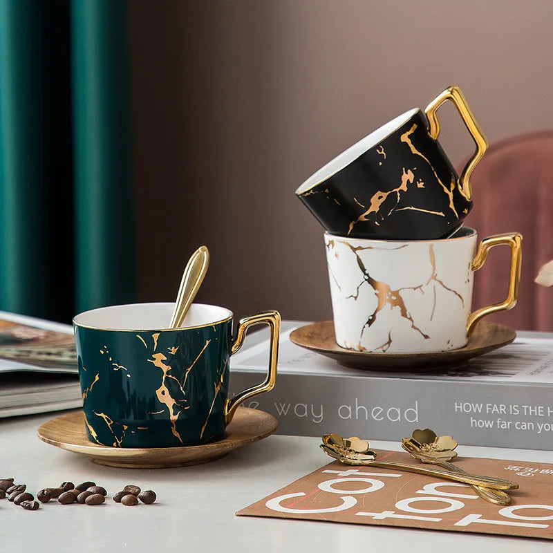 Creative Nordic-style Ceramic Coffee Cup and Saucer Set British Afternoon Tea Set with Spoon Mug with Wood Lid Mat