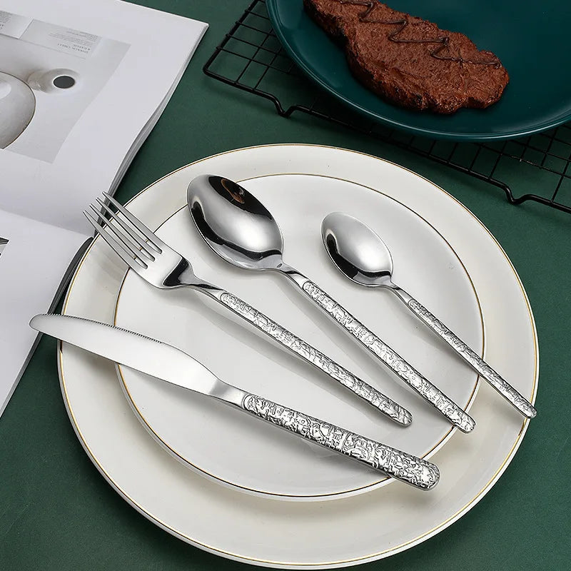 Lava Series Luxury Dinnerware Set Stainless Steel Steak Knife Fork Spoon with Creative Relief Handle for Hotels Restaurants
