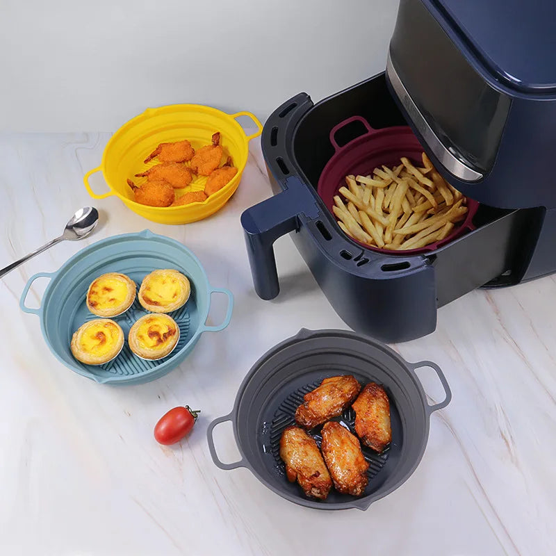 Collapsible Round Reusable Air Fryer Silicone Pot Pie Dish Foldable Baking Mold Tray Mat with Handle