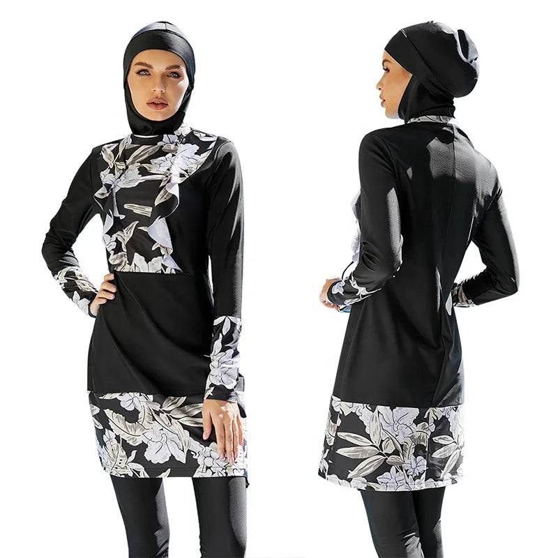 Muslim Sunscreen Split Conservative Modest Bathing Suits Swimwear Borkini Stitching Printed Three-Piece Swimsuit for Women