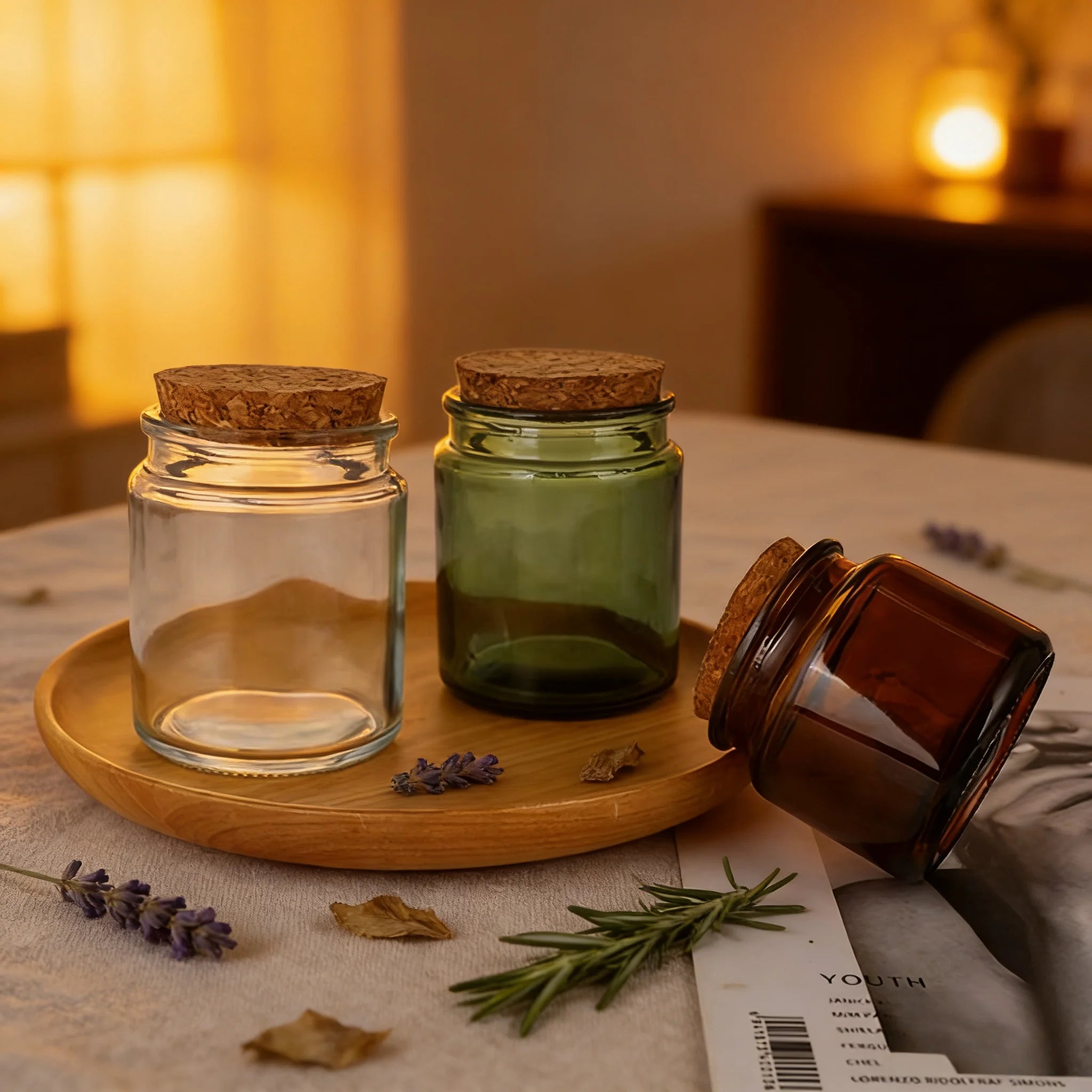 200ml Fast Delivery Factory Sale Fancy Empty Green Amber clear Glass Candle Jar With Cork Lid