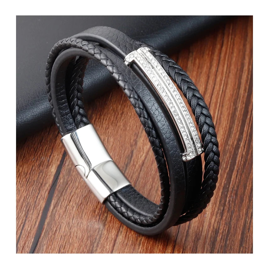 Trendy Vintage Charm Stainless Steel Magnetic Clasp Bracelet Multi-layer Braided Genuine Leather Bracelets for Men Jewelry