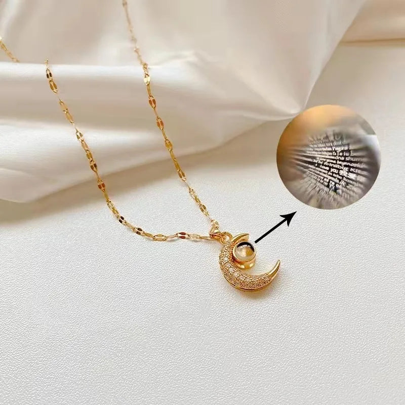 Classic Star Memory I Love You Necklace 100 Languages Projection Titanium Steel Clavicle Chain Pendant Moon Necklace