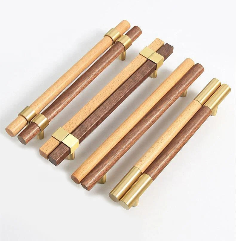 Hot Sale Walnut Beech Solid Wood Kitchen Cabinet Brass Wooden Handles