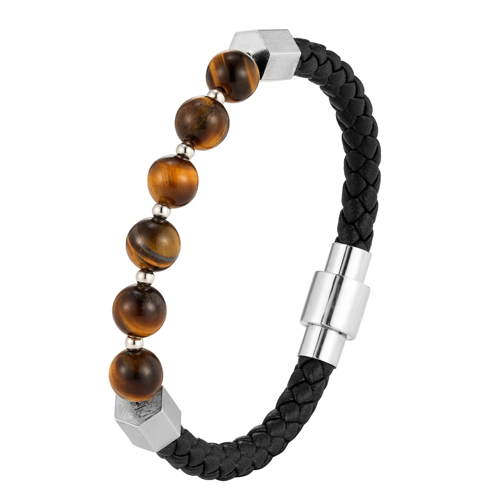 Charm Titanium Stainless Steel Single Rope Leather Bracelet with Natural Tiger Eye Gemstone Fashion Jewelry for Men Boy OT-269