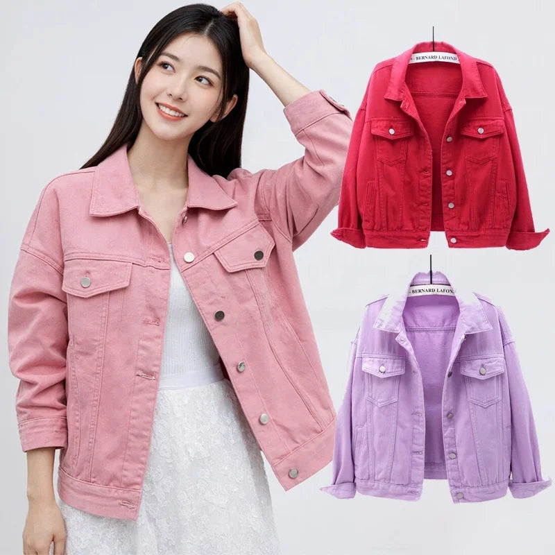 Womens Pink Denim Coats Korean Candy Colored Spring Autumn Tops Juniors Outerwear Y2K Streetwear Clothing Jeans Jacket