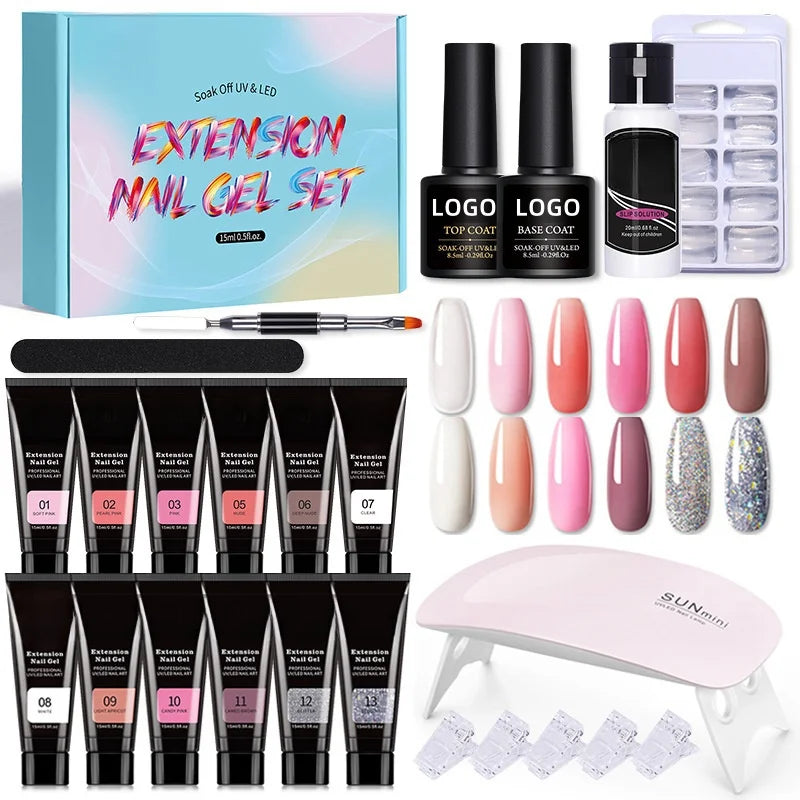 Wholesale 12 Colors Poly Extension Gel Nail Art Poly Gel Nail Set Extension Starter Kit 15ml Poly Gel Nail Kit With UV Led Lamp