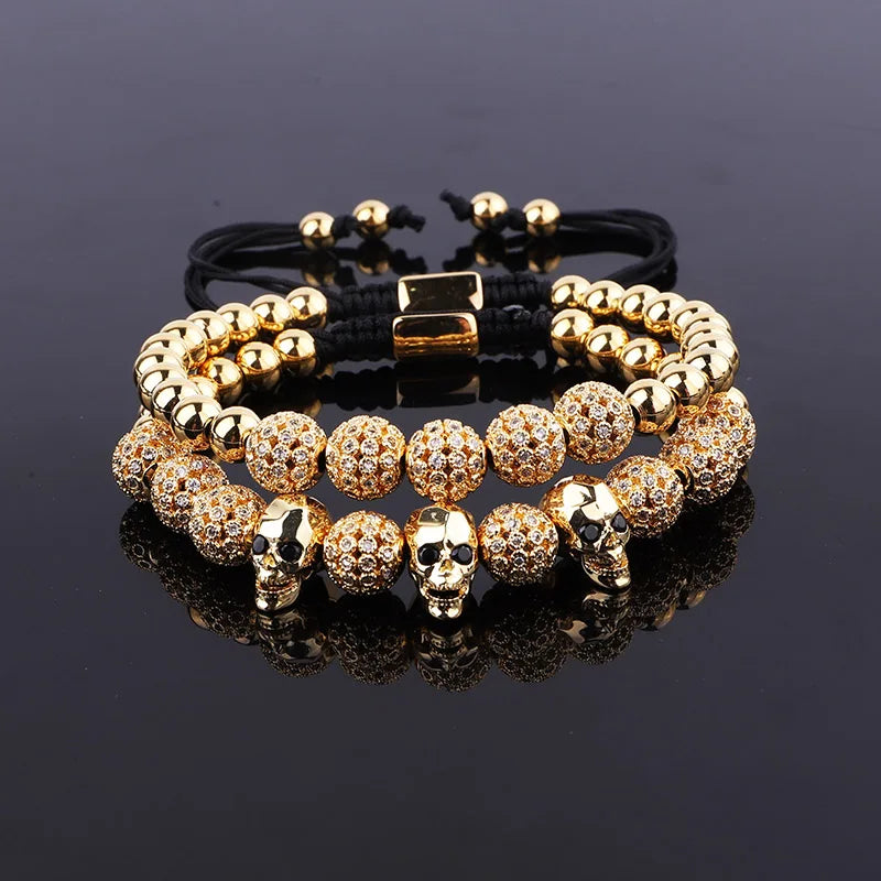 Renting Jewelry New Design 18K Gold Plating Luxury CZ Pave Ball Skull Charms Women Men Macrame Adjustable Bracelet