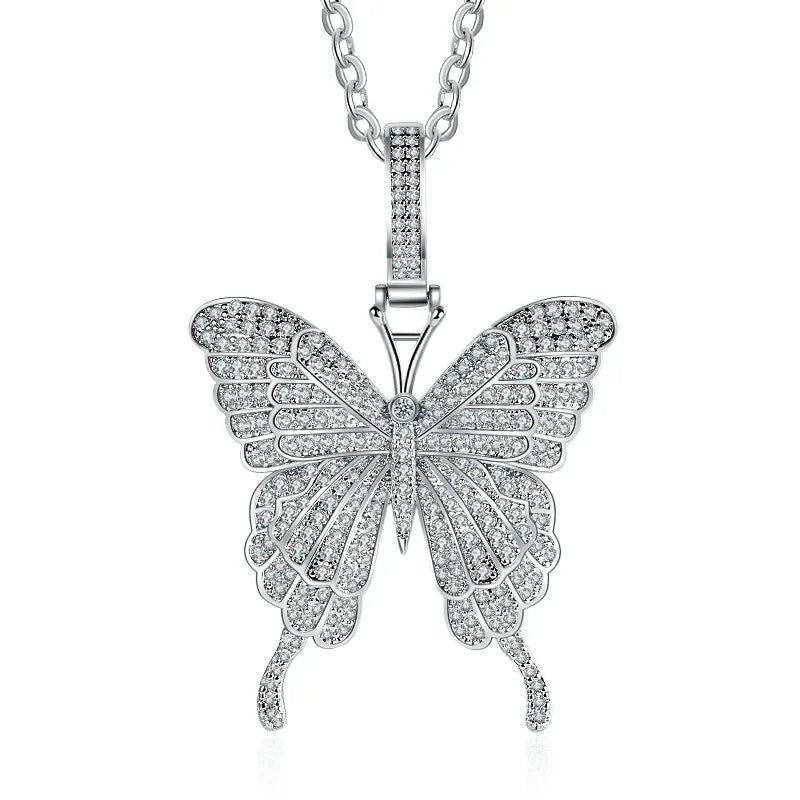 Hot Sale Hip Hop Zircon Jewelry Wholesale Stainless Steel Chain Ice Out Pendant Butterfly Necklace for Wedding & Party