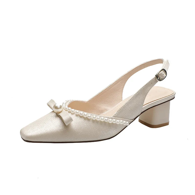 Pump Sandals Women's Summer Outer Wear High-heeled square Headband Pearl Thick-heeled Shoes New Style