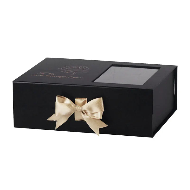 Deluxe Custom Ribbon Gold Foil logo Printed Black Magnetic Foldable Gift Box MegaBDM