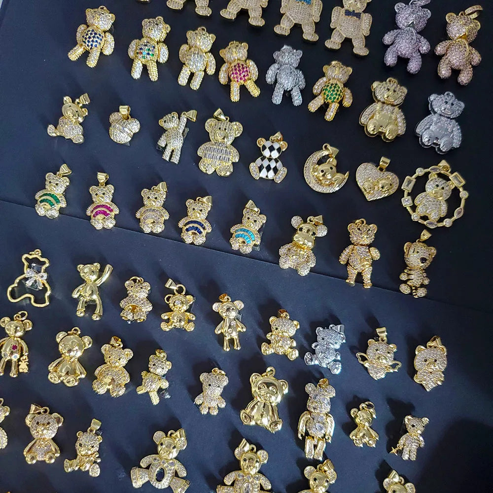 18k Gold Plated Brass Teesy Bear Pendant Cz Diamond Teddy Bear Charm for Jewelry Making