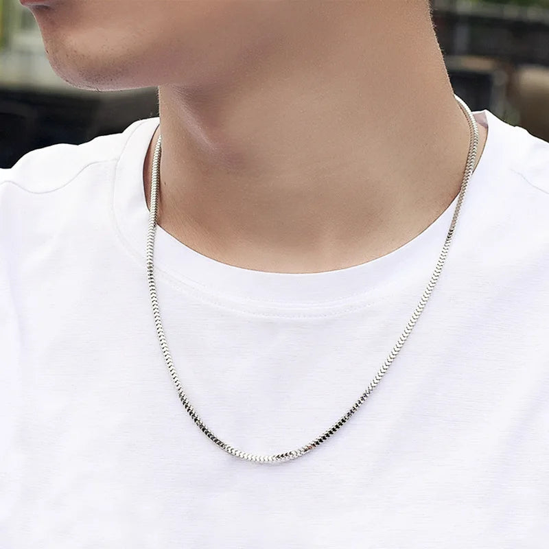 S925Silver Necklace Trendy Men's Silver Thin Men's Box Chain Silver Chain Personality Thick Type Thick Women's Long Single Chain
