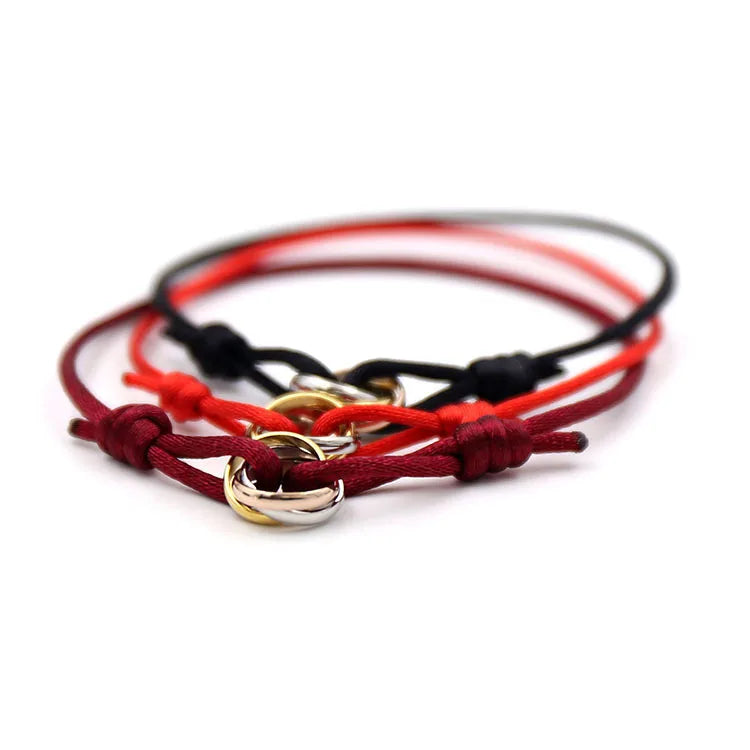 Boho Lucky Stainless Steel 3 Rings Buckle Ribbon Chain Black Red String Bracelet for Women Men DIY Jewelry