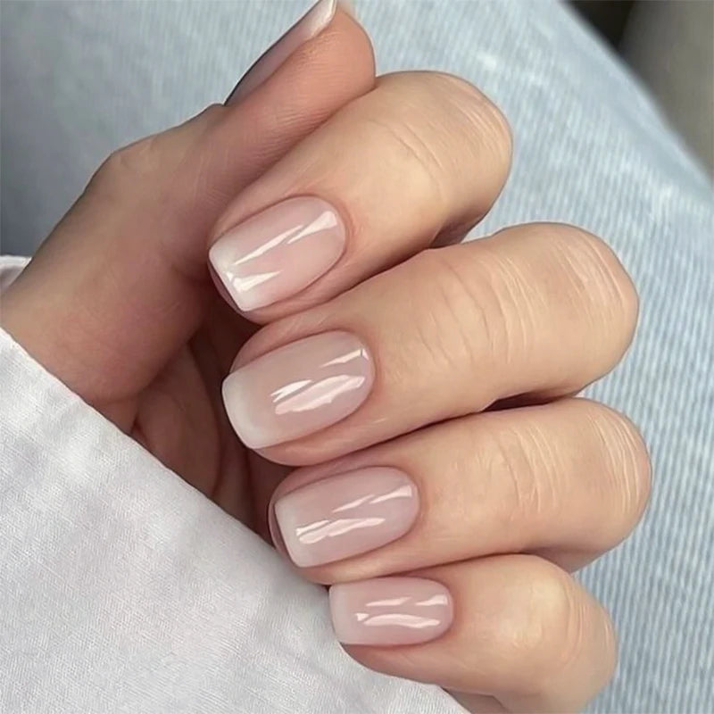 24 Pcs Minimalist French Pink-to-White Gradient Short Square Shaped Press on Nails Artificial Fingernails False Nails 3479