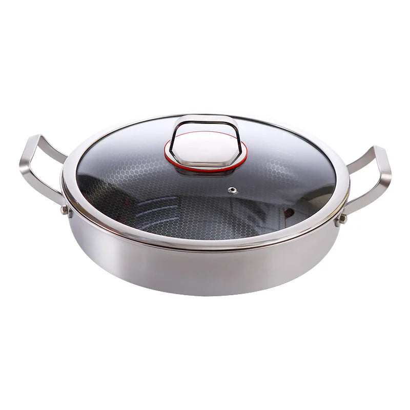 32cm 304 Stainless Steel 5-Ply Non-Stick Coating Casserole Pan Double Ears Single Side Honeycomb Fire Textured Pattern Metal