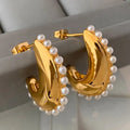 Brass Plated Metal Moon Shaped Earrings With Pearls for Women Gift Jewelry Custom Design