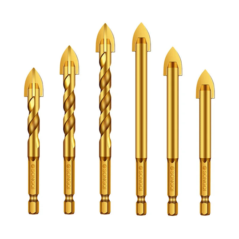 SONGQI 5 Pcs Set Hex Shank 12mm Drill Bit Twist Till Bits Cross Head Glass Tile Drill Bit Set for Glass Ceramic Tile