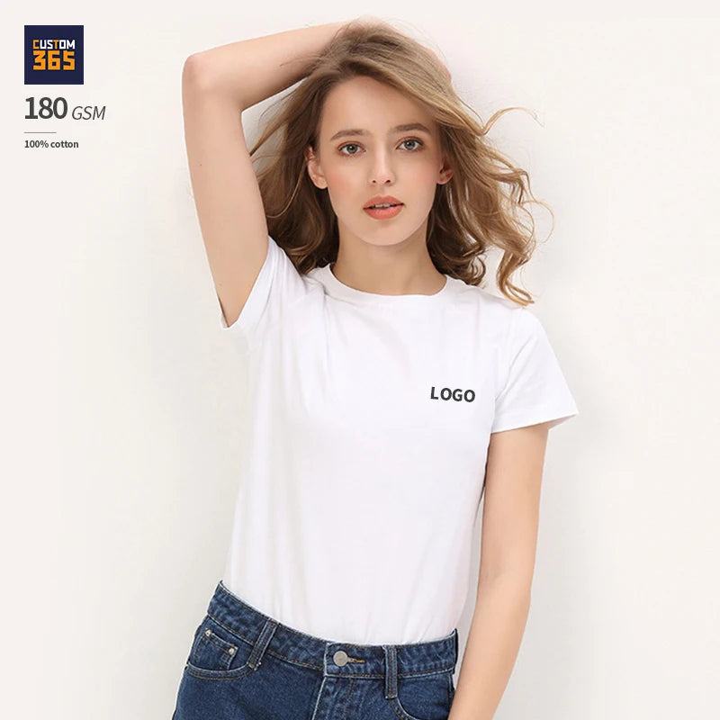 100% Cotton 180 GSM Designer Ladies Tees O-Neck Short Sleeves T-Shirts for Women OEM Custom Logo Printed Summer Knitted OEM