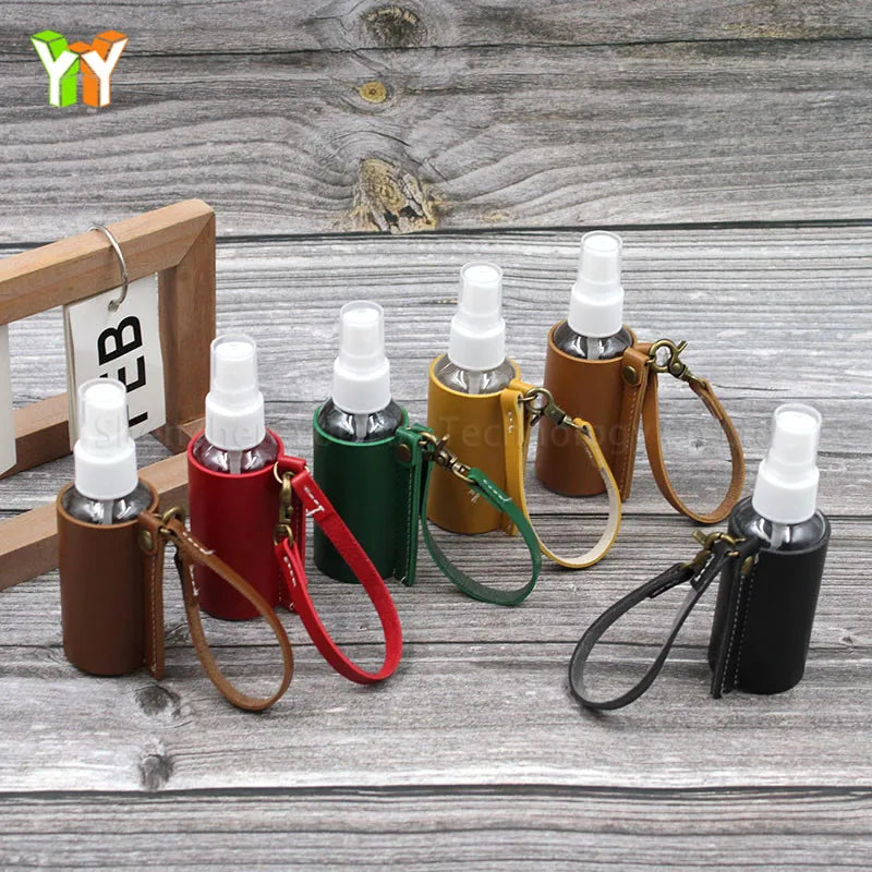 Round Plastic Bottle Case Portable Leather Hanging Mini Glass Bottle Keychain Holder