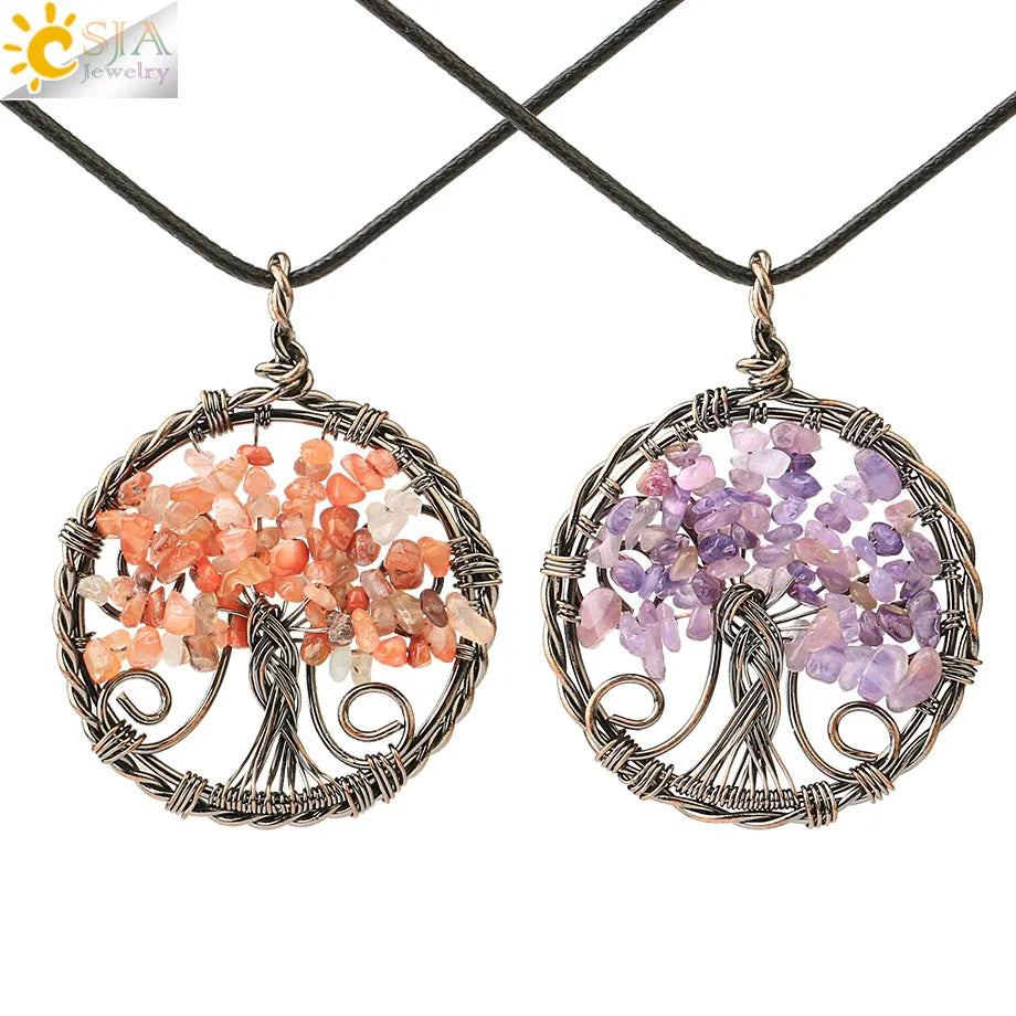 CSJA New Design Natural Crystal Quartz Tree of Life Pendant Necklace Amethyst Rose Quartz Chip Wire Wrapped Pendant G796