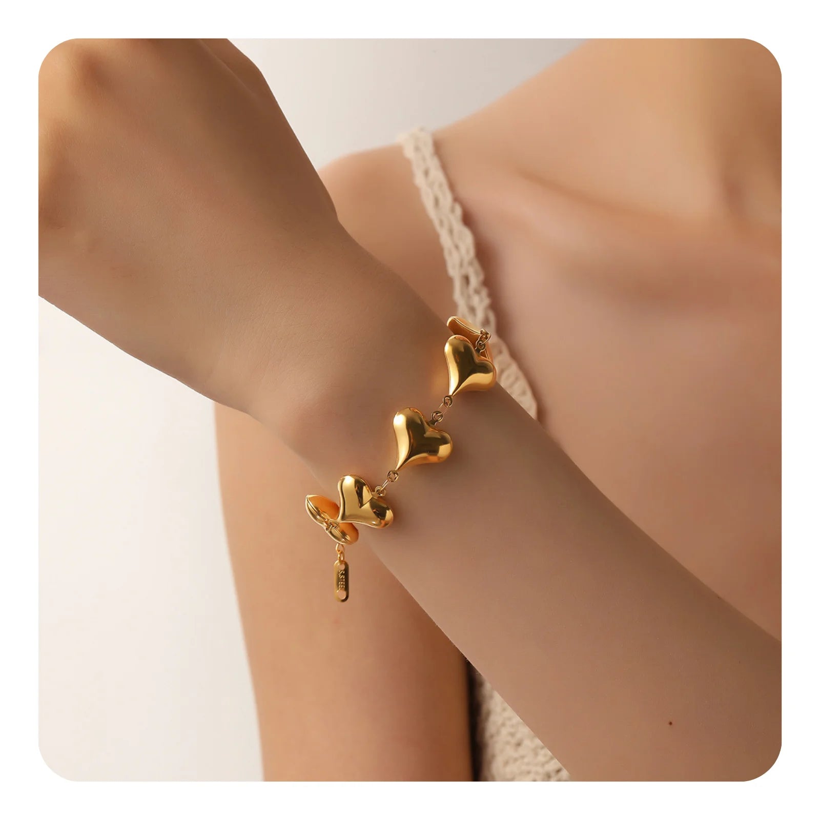 Engagement Bracelets Silver Tone 18K Gold Plated Stainless Steel Heart Charm Trendy Adjustable Love Link Bracelet Gift for Women