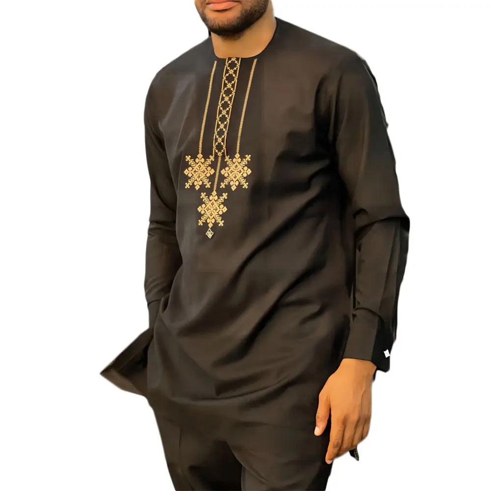 African Clothes for Men Suit 2023 Embroidered Shirt and Solid Color Drawstring Pants 2 Piece Fashion Men's Dashiki Suit Black