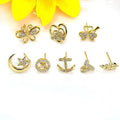 Minimalist Dainty 18k Gold Plated Cz Pave butterfly Moon and Star Heart Anchor Leaf Stud Female Earrings