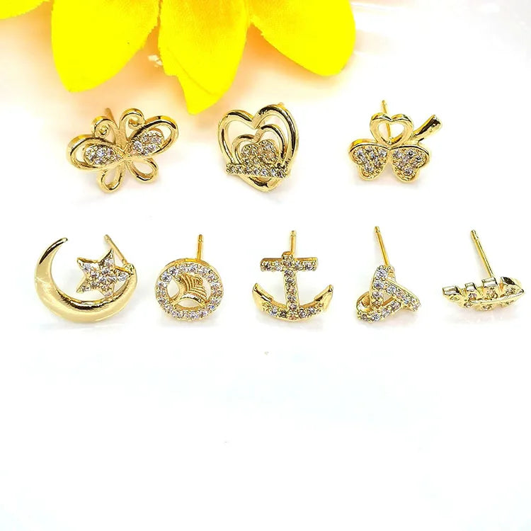 Minimalist Dainty 18k Gold Plated Cz Pave butterfly Moon and Star Heart Anchor Leaf Stud Female Earrings