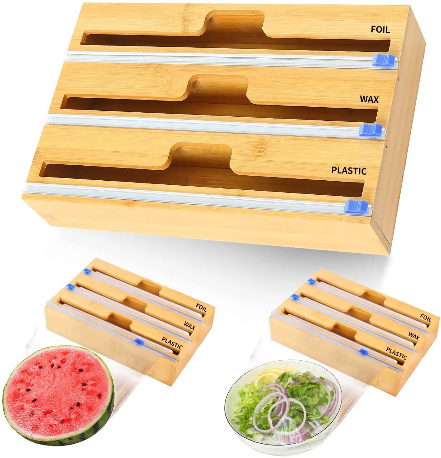 JUNJI Bamboo Foil and Plastic Wrap Organizer With Ziplock Bag Storage Organizer for Kitchen Drawer