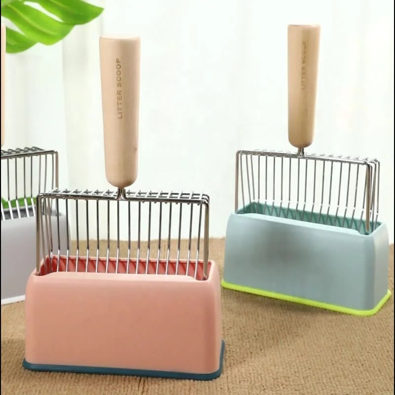 Lelote High Quality Durable Pink Gray Blue Pet Wood Handle Metal Cat Litter Shovel Scoop with Holder