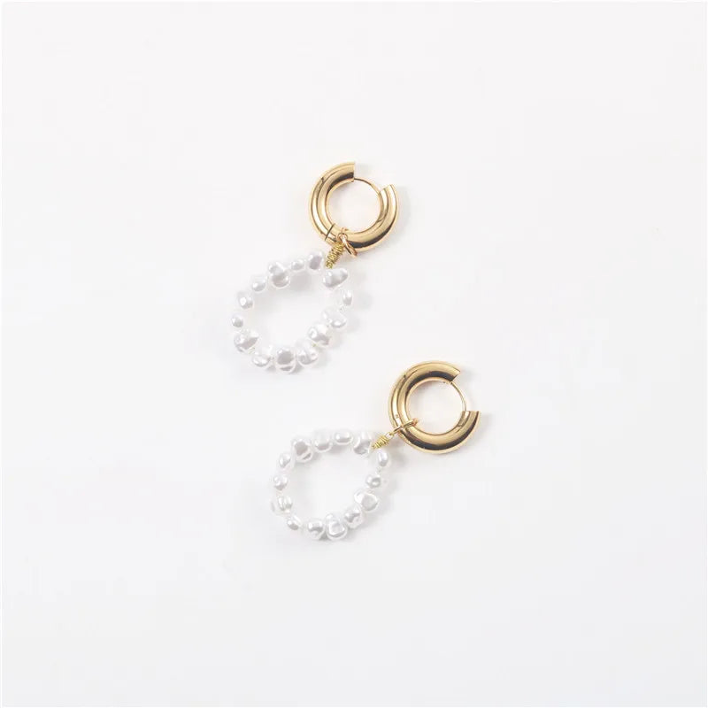 New Trendy Earring 18K Gold Plated Pearl String Pendant Huggie Earrings for Women Stainless Steel Earrings Wholesale