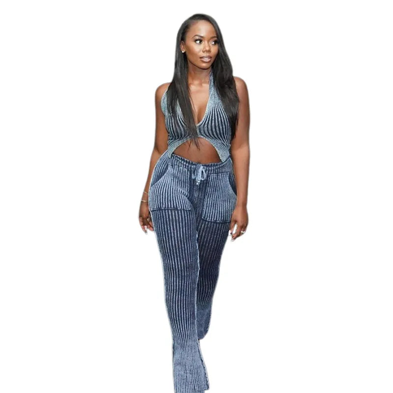 2026 Women's Casual Crop Top and Skinny Maxi Pants Set Low Cut Sleeveless Cut Out Nonwoven Hip Wrap Two Piece Set