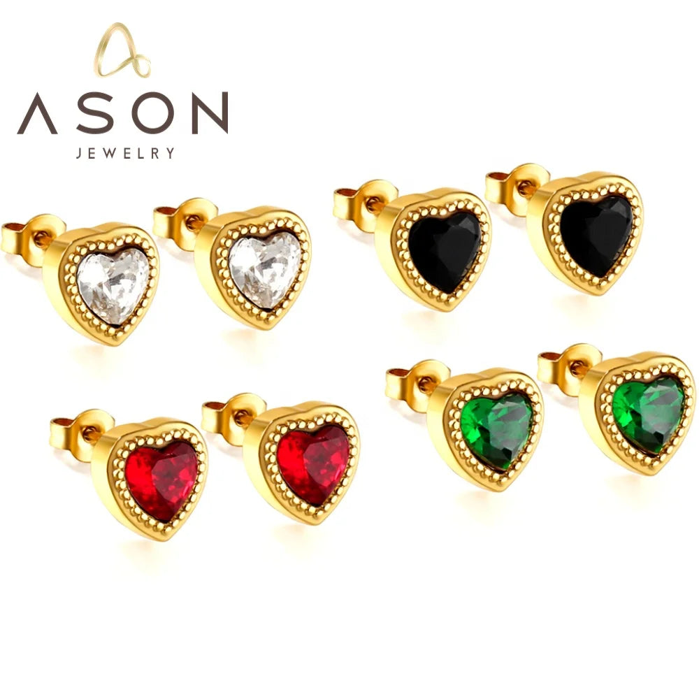 Ason 2023 New Korean Style 18k Gold-plated Love Stud Earrings Simple Stainless Steel Heart-shaped Zircon Stud Earrings