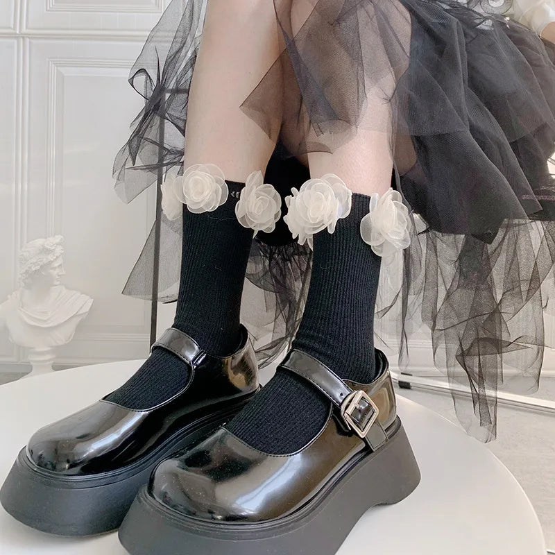 Luxury 2022 Women's Cotton Calf Socks Transparent Flower Decorative Knitted Pile Socks Anti-Slip Breathable Features Crew Length