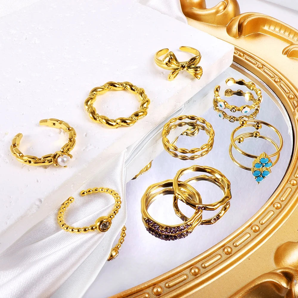 Stainless Steel Jewelry 18K Gold Plated Twisted Rope Bow Pearl Crystal Open Rings Set Stackable Minimalist Rings for Women