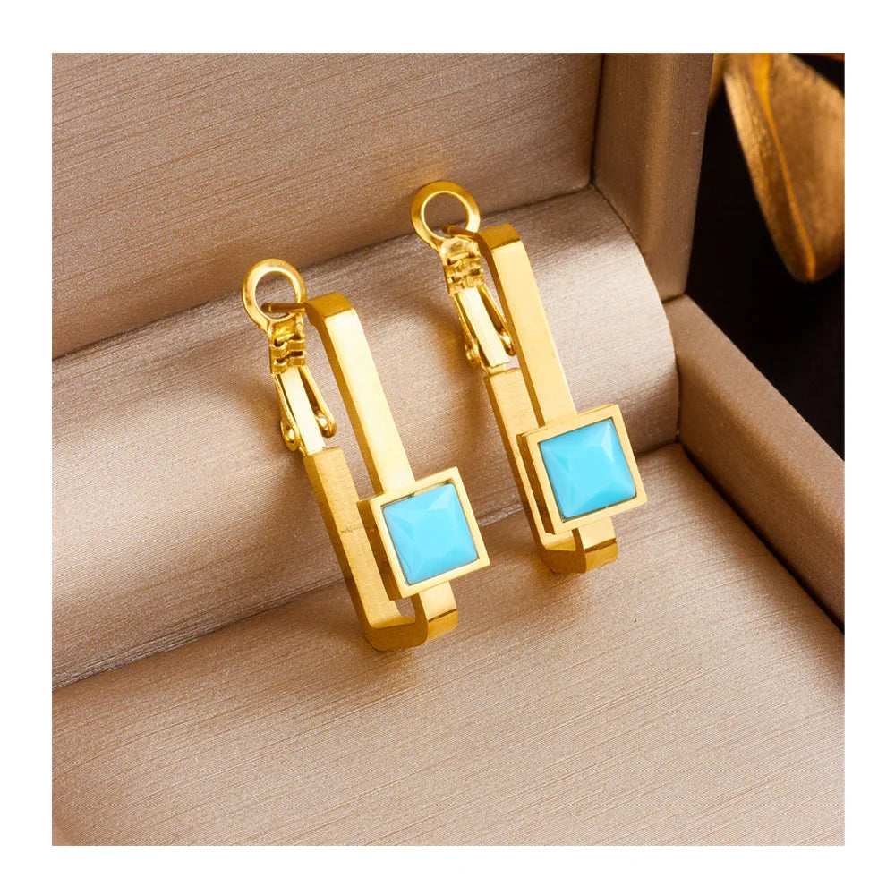 Fashion Tarnish Free 18k Pvd Gold Plated Stainless Steel Square Turquoise Stud Earrings for Lady Women