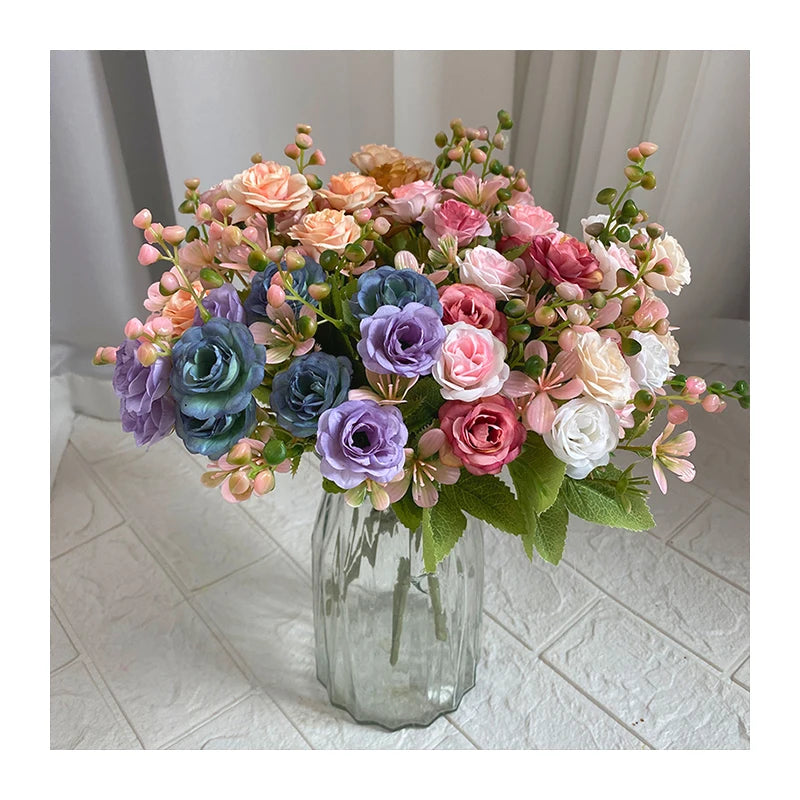 5 Prongs Autumn Mosaic Rose Artificial Wedding Flower Decoration for Christmas Graduation Valentine's Day Mother's Day Easter