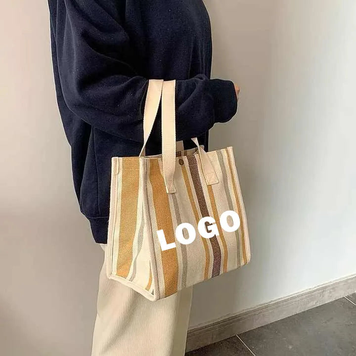 Custom Logo Wholesale Designer Recycle Eco Friendly Reusable Durable Custom Logo Tote Double-sided Striped Canvas Shopping Bag