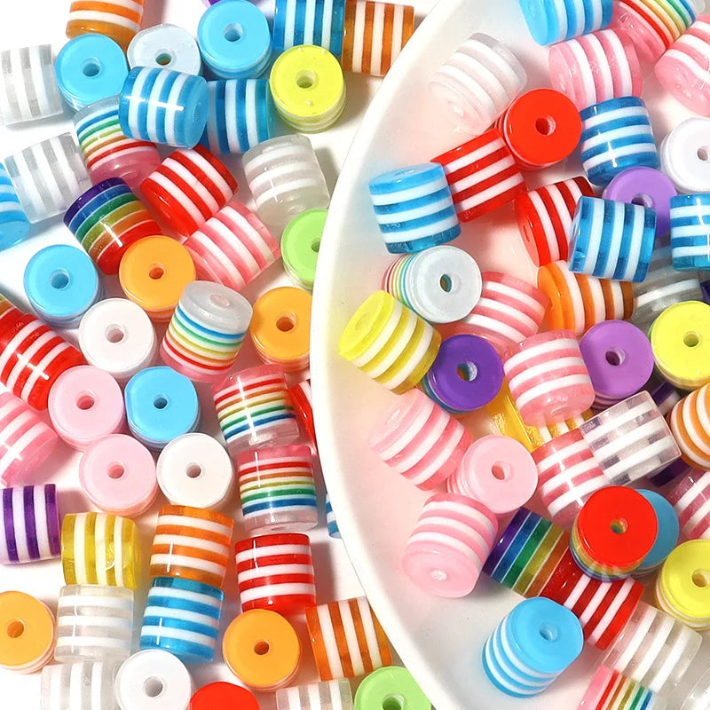50pcs Resin Rainbow Stripe Cylinder Beads Candy Color DIY Beaded Bracelet Spacer Bead Accessories
