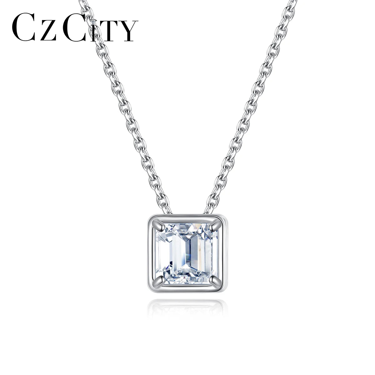 CZCITY Necklace Square Stone Iced Out Chain Diamond VVS Silver 925 Lab Dainty Jewelry Moissanite Pendant
