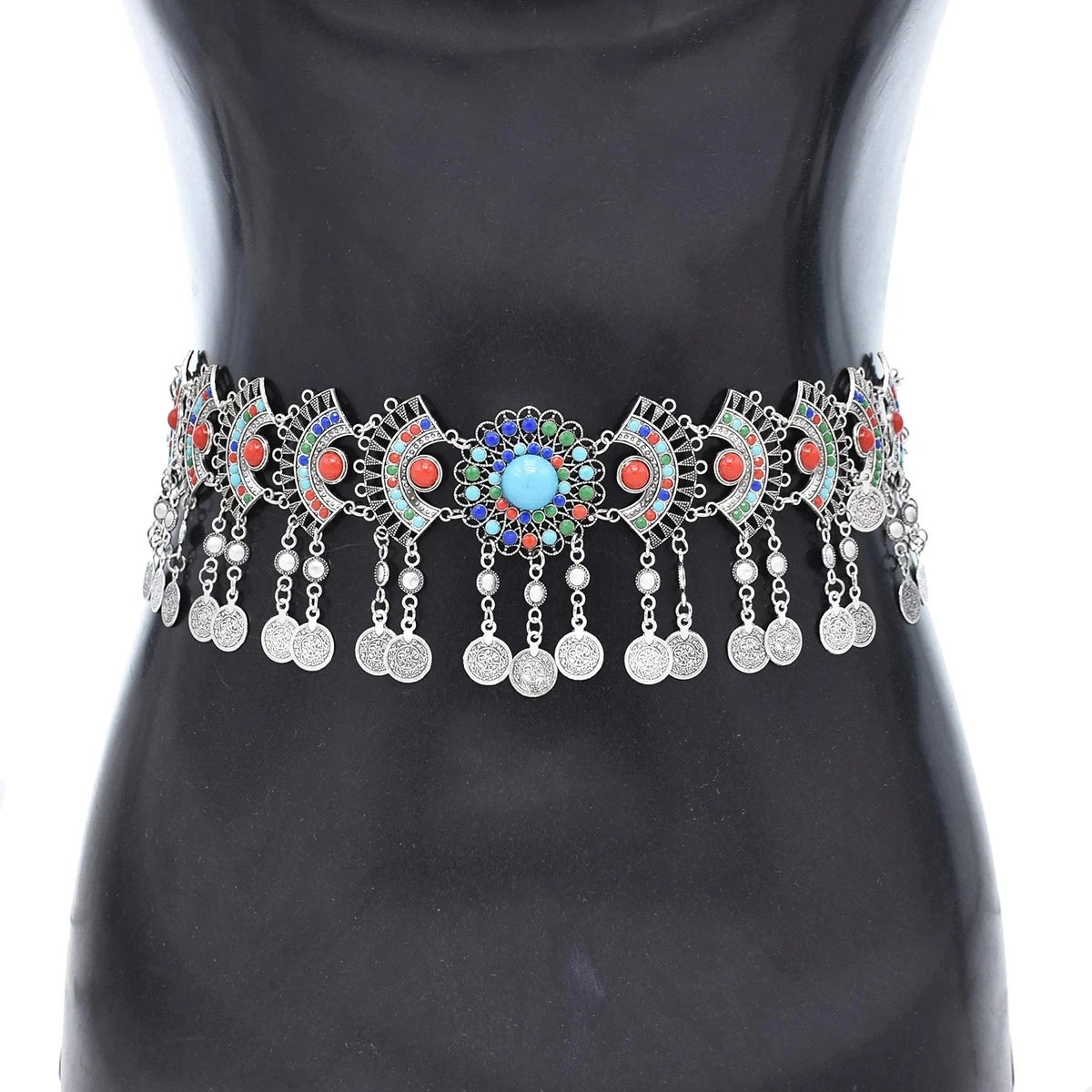 New Colorful Acrylic Women Belt Inlaid Fan Metal Carved Silver Women's Fashion Waistchain