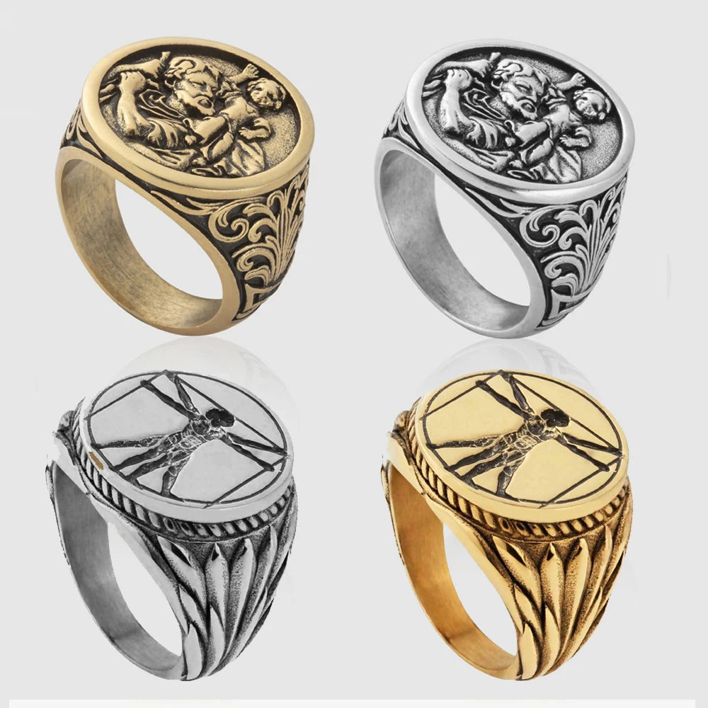 Non Tarnish Waterproof Vitruvian Man Ring Stainless Steel Vintage Saint Christopher Rings Jewelry Men Signet Ring