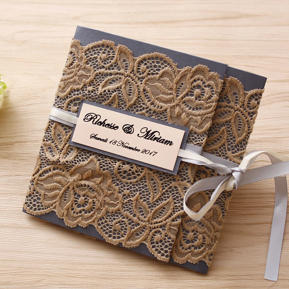 Custom Lace Material Tri-fold Card Invitation with Ribbon Cardstock Crafts Wedding Invitation Cards