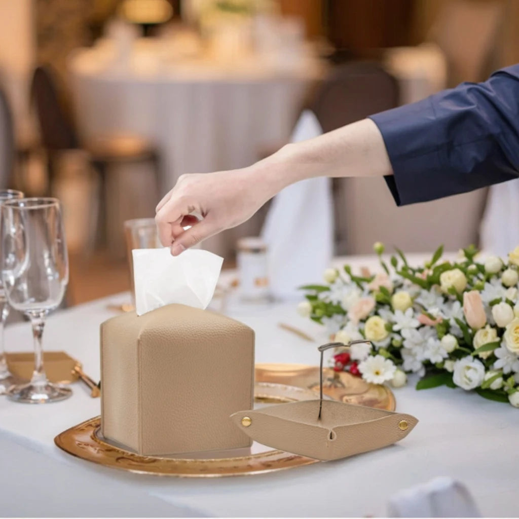 YY  Luxury Leather Tissue Box Cover Square Bottom Strap with Tray Decorative Office Tissue Holder