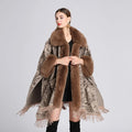 New Women's Winter Jacquard Capes Poncho and Cardigan Coats Faux Fur Fringe Shawl With Long Fur Trim