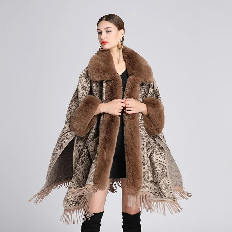 New Women's Winter Jacquard Capes Poncho and Cardigan Coats Faux Fur Fringe Shawl With Long Fur Trim