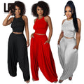 Liu Ming Fashion Women's Casual 2-Piece Set Solid Pattern Pleated Tank Tops Ankle-Length Long Pants with Unique Hole Decoration